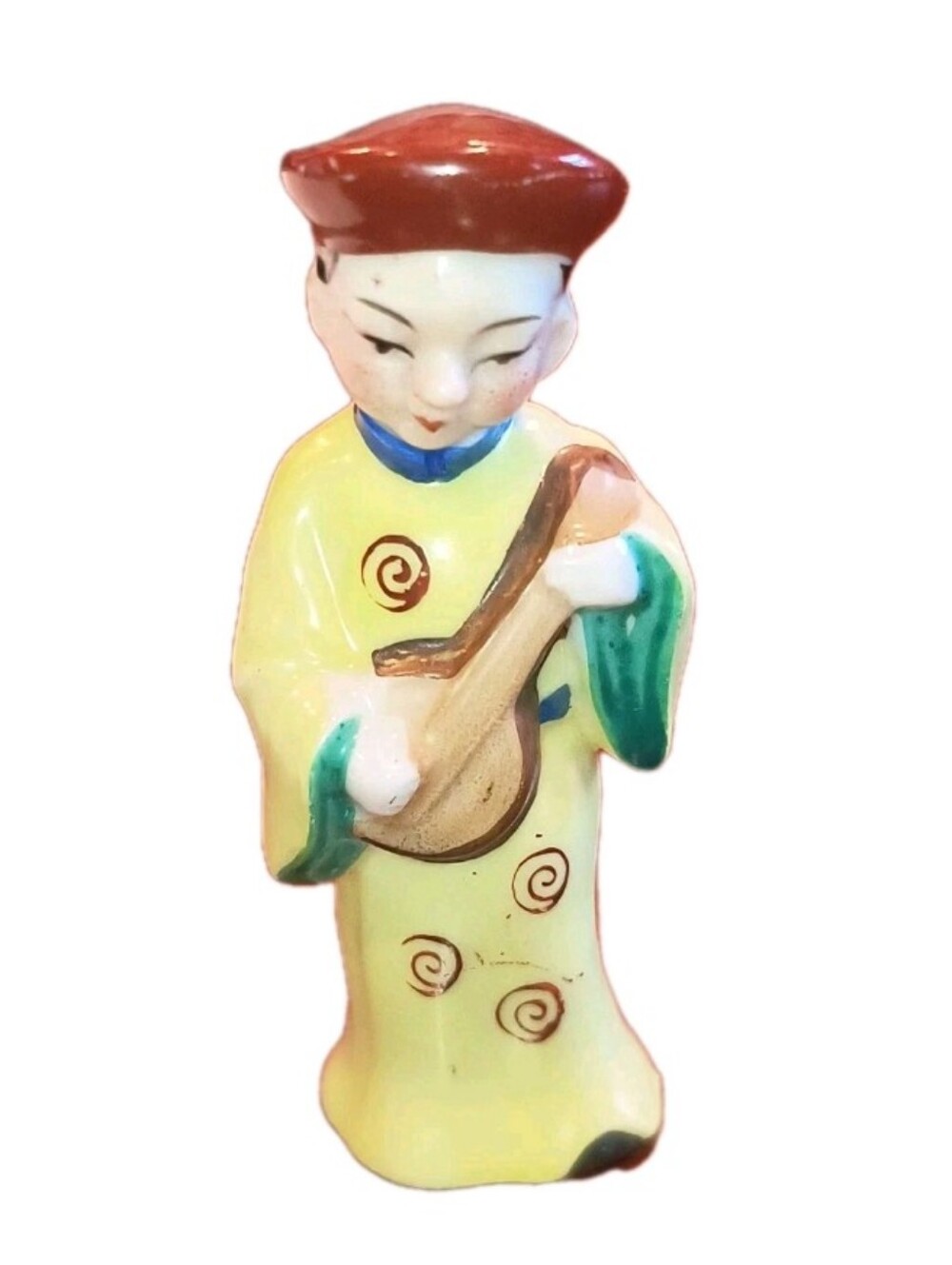 Vtg Japan Porcelain Geisha Figurine Playing Lute Mid Century Lusterware 3.75"